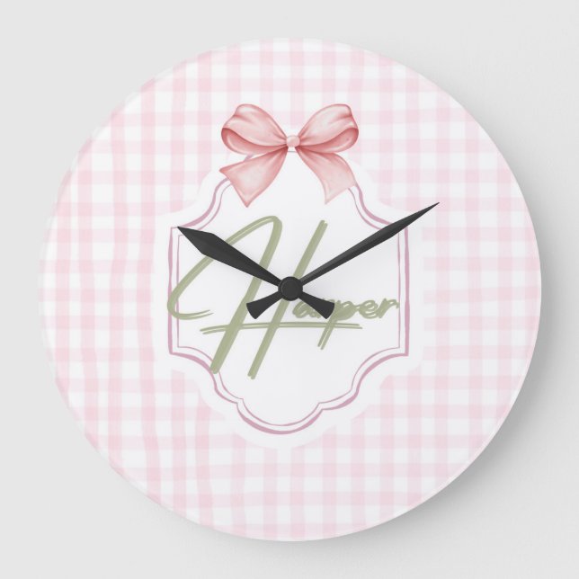 Personalized Harper Baby Girl Nursery Bow&Gingham  Large Clock (Front)