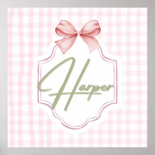 Personalized Harper Baby Girl Nursery Bow&Gingham Poster