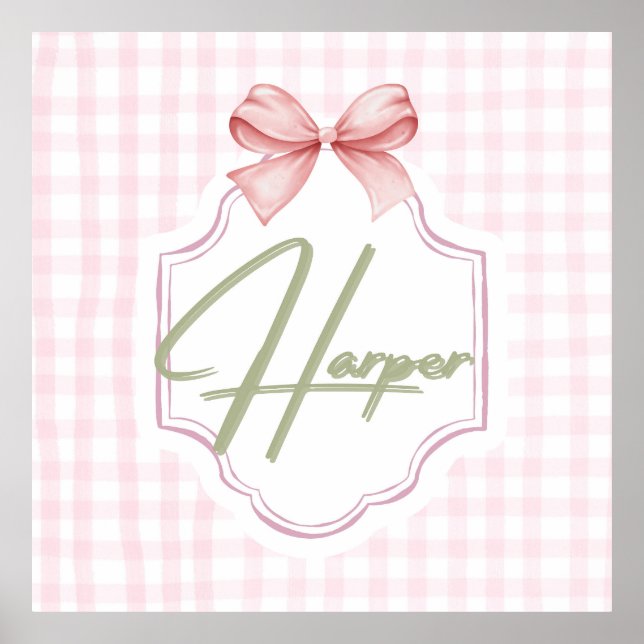 Personalized Harper Baby Girl Nursery Bow&Gingham  Poster (Front)