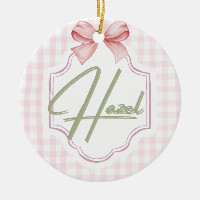 Personalized Hazel Baby Girl Nursery Bow&Gingham  Ceramic Tree Decoration (Front)