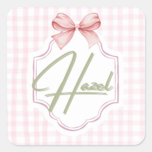 Personalized Hazel Baby Girl Nursery Bow&Gingham  Square Sticker