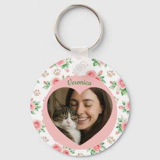 Personalized Heart Photo & Watercolor Floral Key Ring