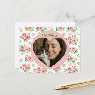 Personalized Heart Photo & Watercolor Floral Postcard