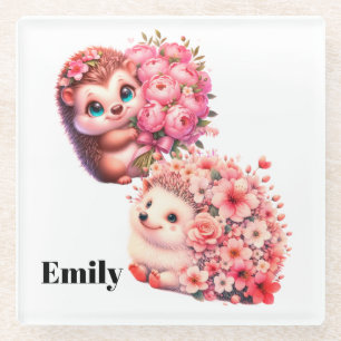 Personalized Hedgehog Coaster Cute Floral Animal