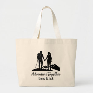 Personalized Hiking Couple Silhouette Minimalist Large Tote Bag