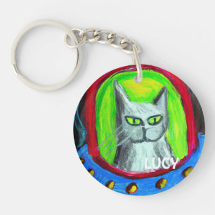 PERSONALIZED HILARIOUS CAT IN UFO CARTOON KEY RING