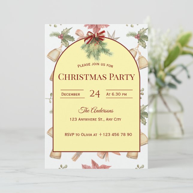 Personalized Holiday Bells & Pine Greenery  Invitation (Standing Front)