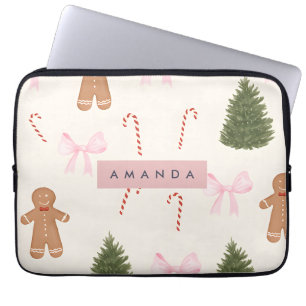 Personalized Holiday Gingerbread & Pink Bow Laptop Sleeve