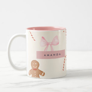 Personalized Holiday Gingerbread & Pink Bow Two-Tone Coffee Mug
