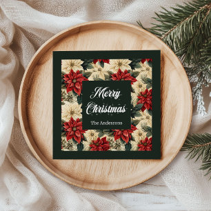 Personalized Holiday Napkins Red Poinsettia Print
