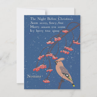 Personalized Holiday Poem Illustrated Waxwing Bird Postcard