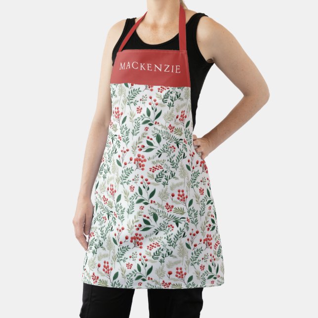 Personalized Holly Berries Greenery Pattern Apron (Insitu)