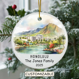 Personalized Honolulu Ornament, Hawaii Ceramic Tree Decoration