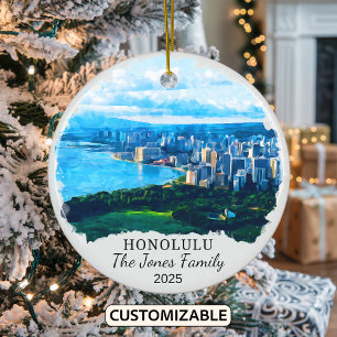 Personalized Honolulu Ornament, Hawaii Gift Ceramic Tree Decoration