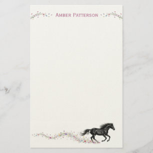 Personalized Horse Stationery Black Horse Flowers