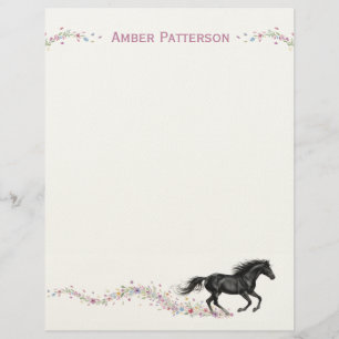 Personalized Horse Stationery Black Horse Flowers Custom Letterhead