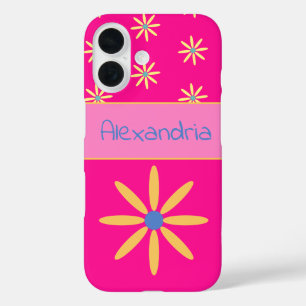 Personalized Hot Pink Retro Flower iPhone 16 Case
