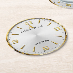 Personalized Hotel Name Luxury Gold Silver Round Paper Coaster