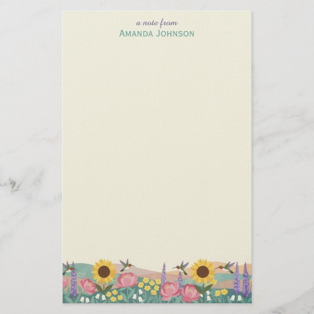 Personalized Hummingbird Flower Field Custom Name Stationery (Front)