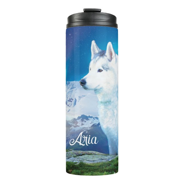 Personalized Husky dog with mountains  Thermal Tumbler (Front)