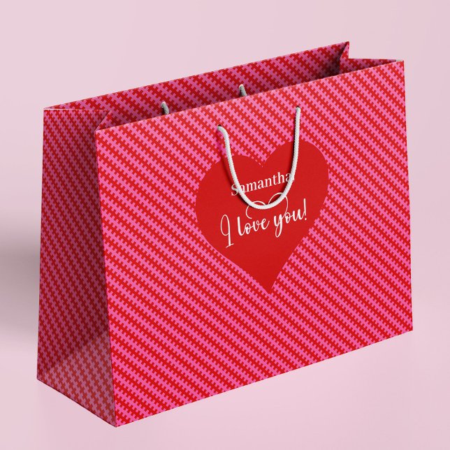 Personalized I Love You Pink Hearts Valentine  Large Gift Bag (Make every Valentine’s gift unforgettable with this pink and red hearts personalized gift bag, )