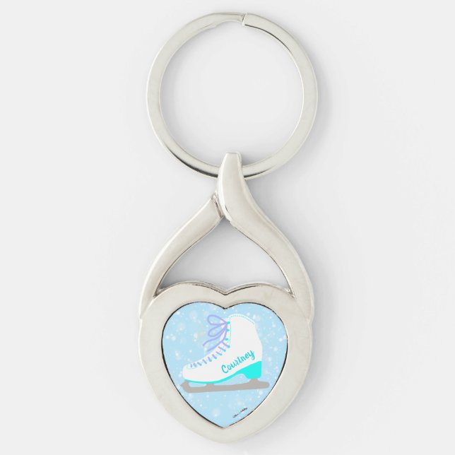 Personalized Ice Skates Blue Heart Figure Skating Key Ring (Front)