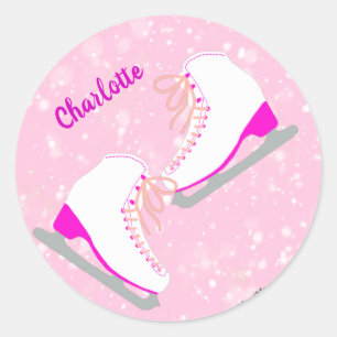 Personalized Ice Skating Pink Kawaii Figure Skates Classic Round Sticker