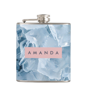 Personalized Icy Blue Crystal & Frosted Pastel Hip Flask
