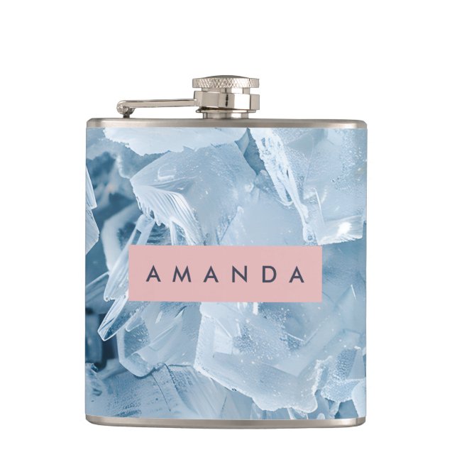 Personalized Icy Blue Crystal & Frosted Pastel  Hip Flask (Front)
