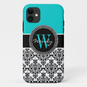 Personalized Initial Aqua Teal Black Damask Case-Mate iPhone Case