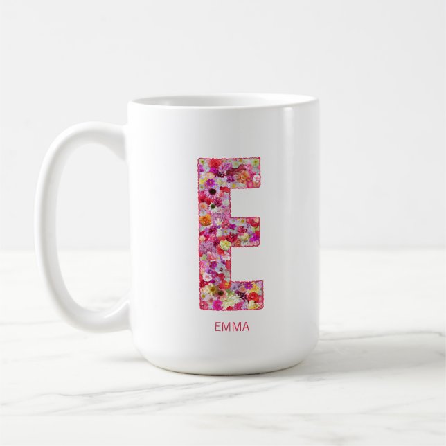 Personalized Initial | Floral Letter E Monogram  Coffee Mug (Left)