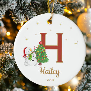 Personalized Initial Letter Custom Name Snowman Ceramic Tree Decoration