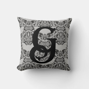 Personalized Initial Vampire Bat Damask In Gray Cushion