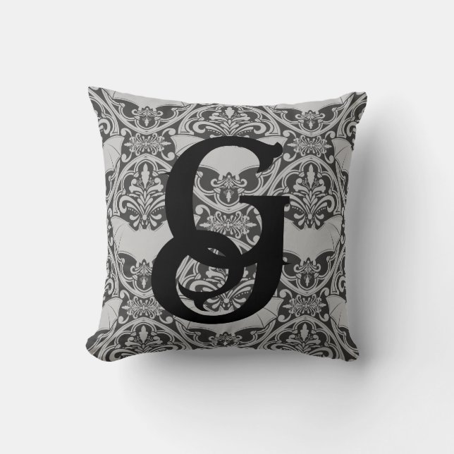 Personalized Initial Vampire Bat Damask In Gray Cushion (Front)