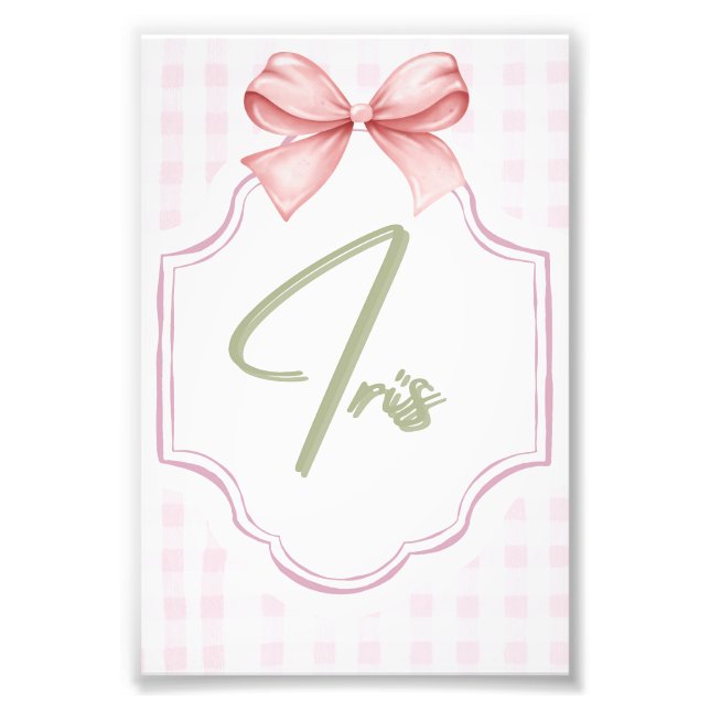 Personalized Iris Baby Girl Nursery Art Pink Bow Photo Print (Front)