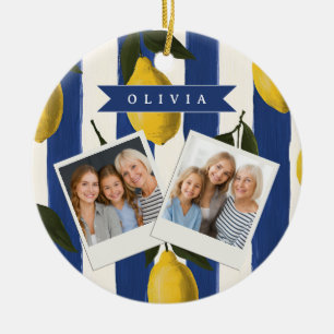Personalized Italian Lemon Stripe Coastal  Ceramic Tree Decoration