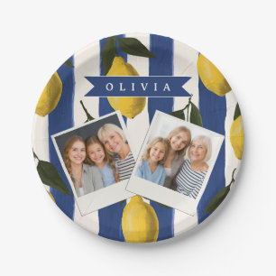 Personalized Italian Lemon Stripe Coastal  Paper Plate