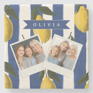 Personalized Italian Lemon Stripe Coastal  Stone Coaster