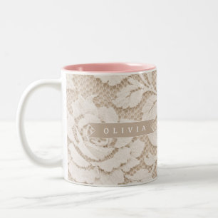 Personalized Ivory Lace Bridal Elegant Vintage Two-Tone Coffee Mug
