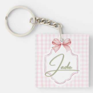 Personalized Jade Baby Girl Nursery Bow&Gingham Key Ring
