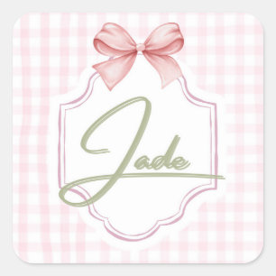 Personalized Jade Baby Girl Nursery Bow&Gingham Square Sticker