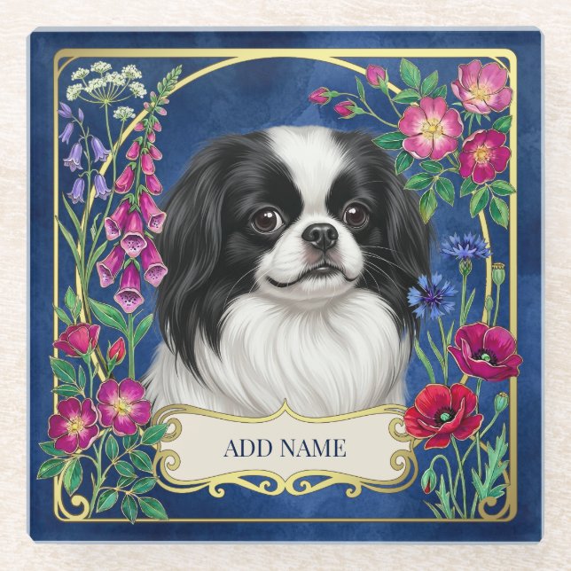 Personalized Japanese Chin Blue Glass Coaster (Front)