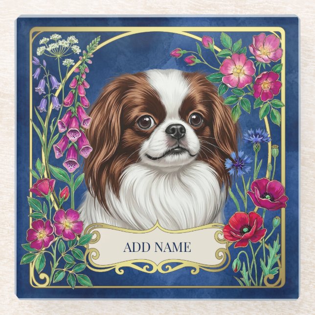 Personalized Japanese Chin Blue Glass Coaster (Front)
