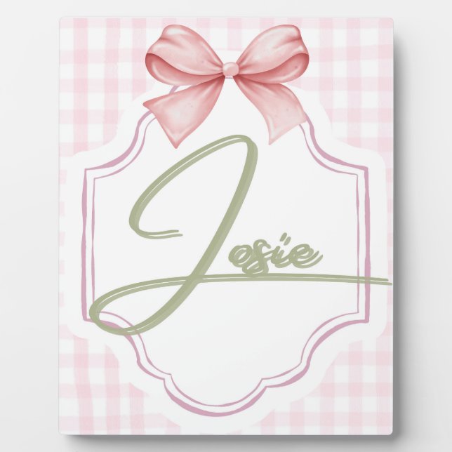 Personalized Josie Baby Girl Nursery Bow&Gingham Plaque (Front)