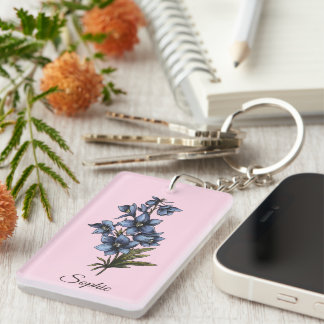 Personalized July Birth Flower Larkspur Keychain