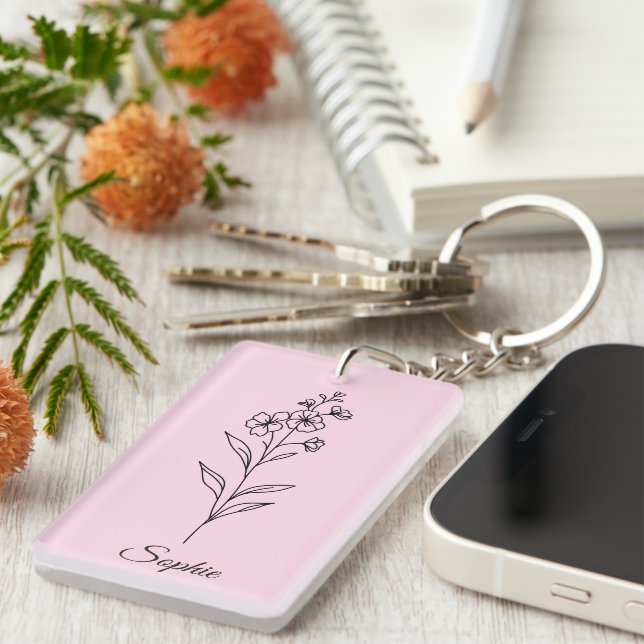 Personalized July Birth Flower Larkspur Keychain (Front Right)