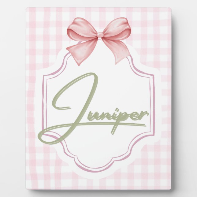 Personalized Juniper Baby Girl Nursery BowGingham  Plaque (Front)