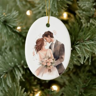 Personalized Just Married Wedding Couple Art Ceramic Tree Decoration