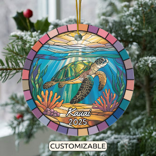 Personalized Kauai Ornament, Sea Turtle Ceramic Tree Decoration