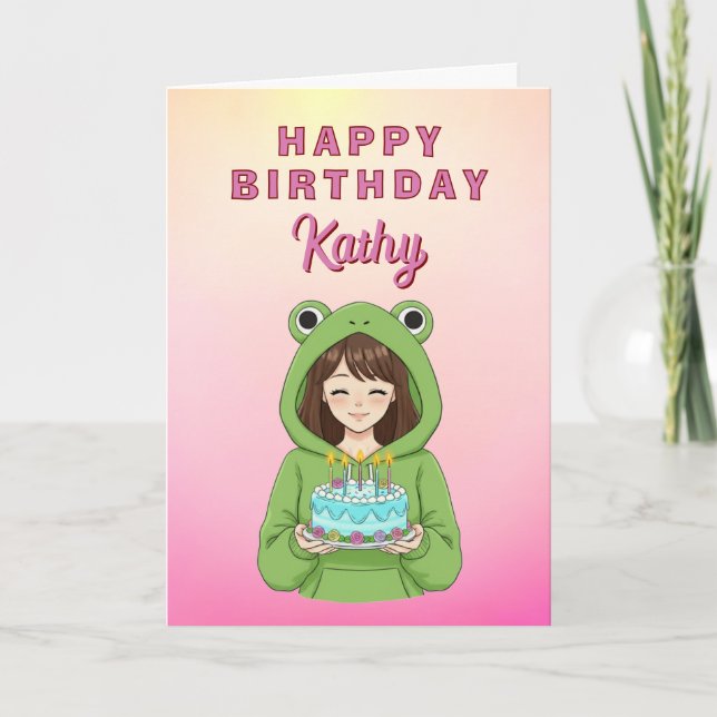 Personalized Kawaii Frog Hoodie Girl Birthday Card (Front)